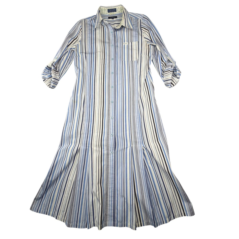 FACONNABLE Striped Cotton Shirt Dress Blue White‎ Longline Button Down Duster S